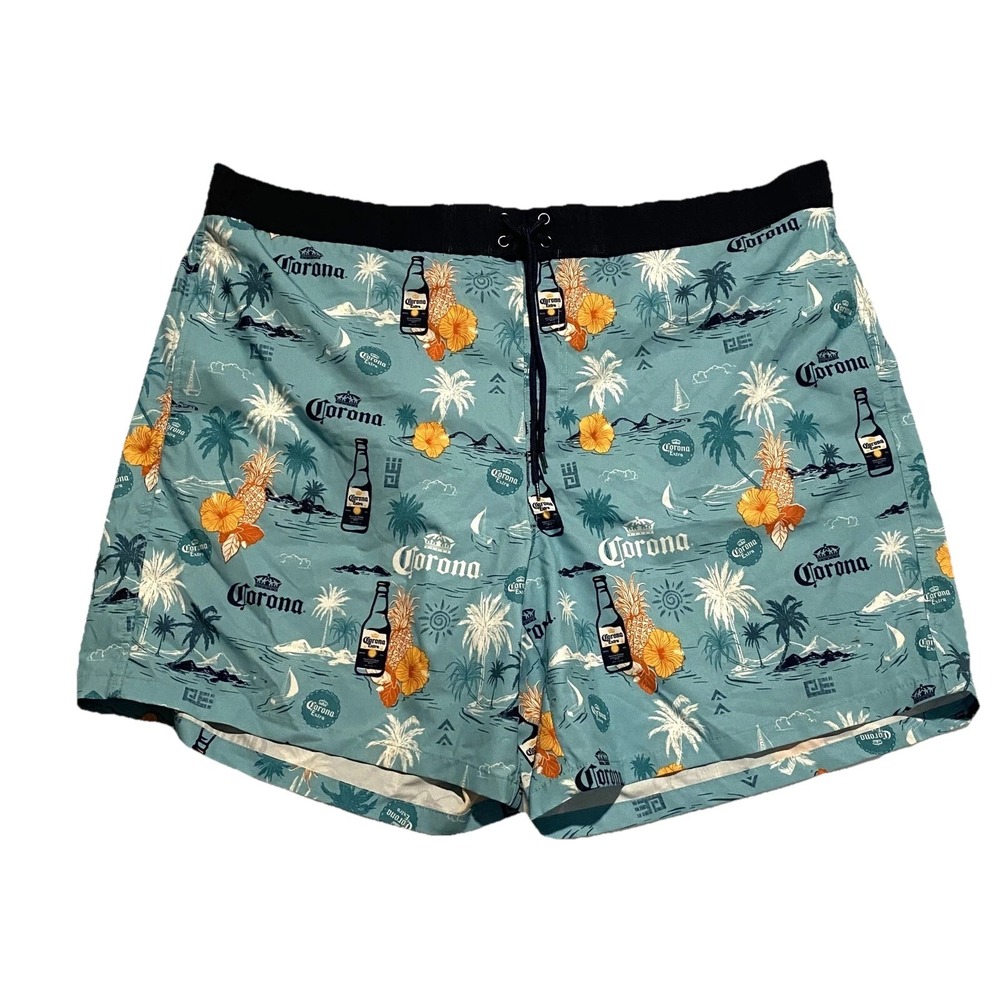 Corona Extra Mens Swim Trunks 3XL 48/50 Teal Tropical Beer Print Board‎ Shorts